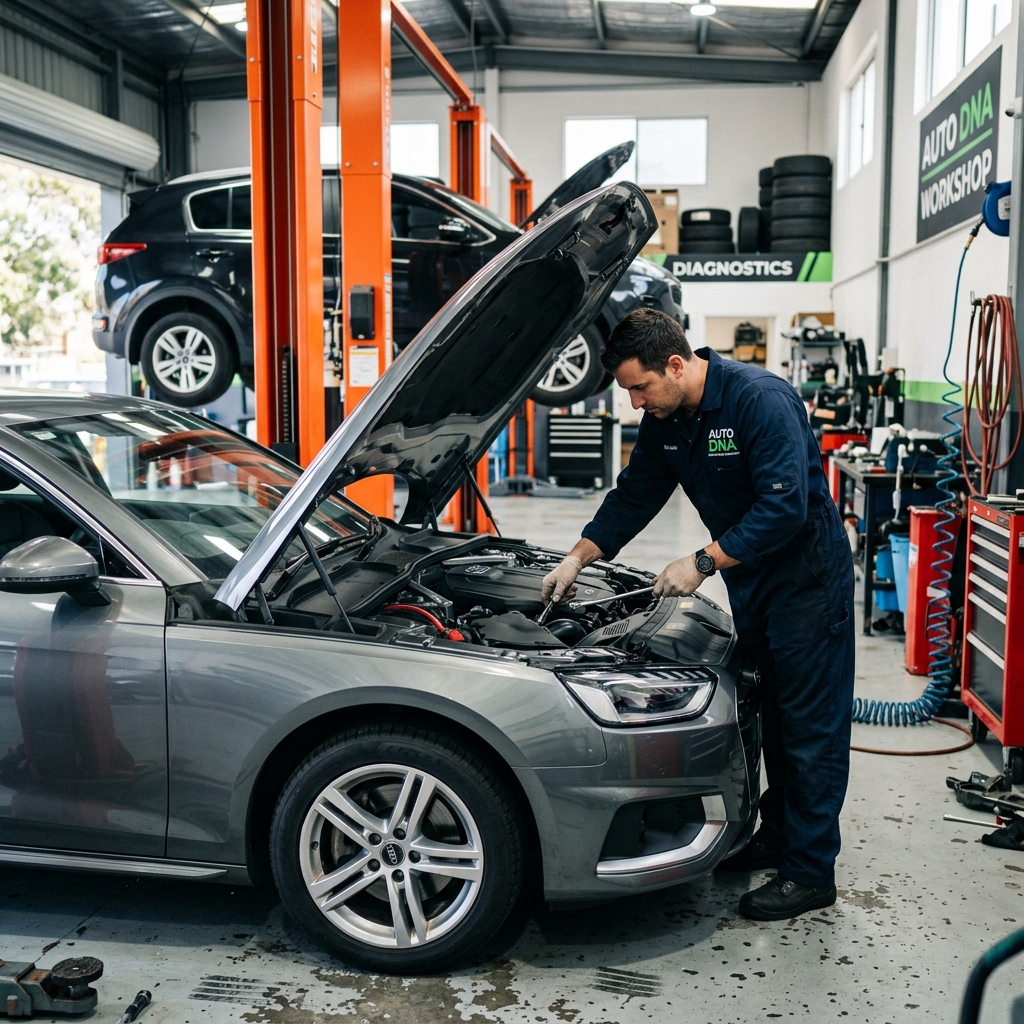 Mechanic inspecting engine